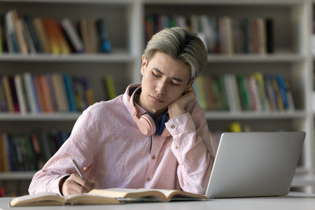 Deep in study. Serious busy zoomer male remote learning college student prepare assignment education...