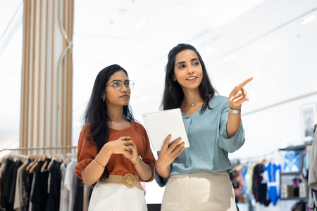 Multiethnic female retail store assistants working on sales floor together, using digital tablet. Fashion shop staff discussing merchandise for new collection. Manager instructing associateの写真素材