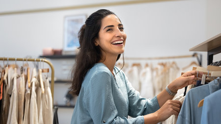 Cheerful beautiful Latin woman enjoying shopping in fashion store, picking hangers from rack in retail sales area, looking away, smiling, laughing. Happy associate working in showroomの写真素材