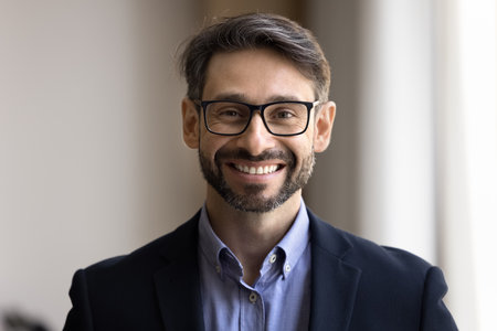 Satisfied with success. Profile head shot picture happy handsome young businessman attorney...