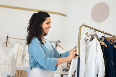 Happy young Latin fashion outlet customer woman viewing clothes hanging on rack in showroom, smiling, choosing goods for wardrobe. Positive Hispanic shop assistant maintaining sales floorの写真素材