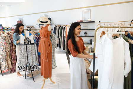 Indian and Latin female retail fashion store associates maintaining sales floor, checking labels and prices on goods hanging on racks. Diverse customers enjoying shopping in showroomの写真素材