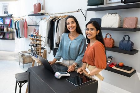 Positive diverse retail store staff posing at cash register counter in showroom. Happy young female Indian and Latin shop assistants looking standing at checkout desk together, looking at cameraの写真素材