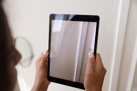Woman taking pictures of renovation defects of wallpapers, recording damaged wall decoration in...