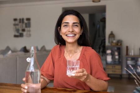 Happy beautiful young Hispanic woman holding bottle of mineral water, drinking cold beverage from glass, looking at camera for portrait with perfect toothy smile, caring for health, detox, hydrationの写真素材