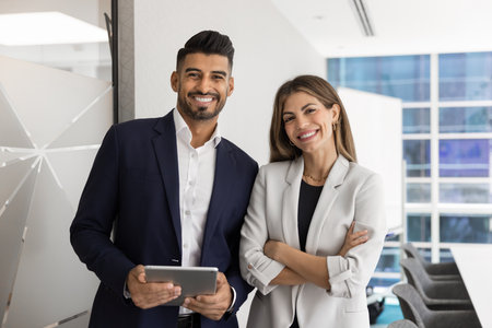 Diverse couple of happy coworkers standing close in office space, posing together, holding tablet pc, looking at camera with toothy smiles, enjoying teamwork, corporate friendshipの写真素材