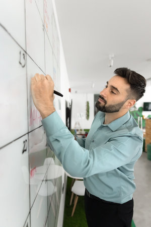Visual schedule. Busy young male executive project manager engaged in active planning using modern Agile tools to handwrite tasks deadlines make notes of key events on glass wall calendar with markerの写真素材