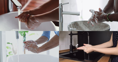 Cropped collage view of diverse people handwashing standing at different sinks at home. Importance of personal hygiene and cleanliness in everyday life, maintaining health, preventing spread of germsの写真素材