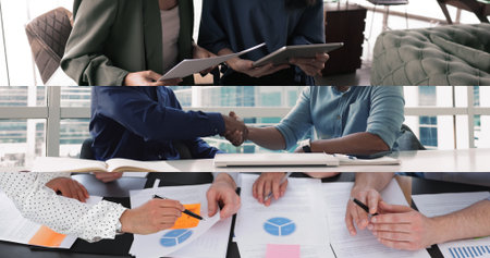Cropped collage bar, close up view of diverse businesspeople, employees engaging in negotiations, business communication, document reviewing, strategic planning at workplace. Collaboration, teamworkの写真素材