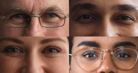 Diverse people, young and older multinational men and women smiling and staring at camera, wear eyeglasses, advertise vision correction and lenses, eyecare and surgery, close up cropped collage viewの写真素材