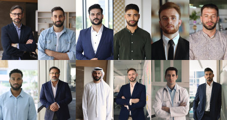 Collage view of diverse multinational professional men posing with arms-crossed at workplaces, smiling, gazing at camera, exuding competence, confidence and success. Occupation, competence, businessの写真素材