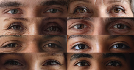 Human faces parts focusing on eyes with and without glasses looking at camera, collage close up view. Diversity, individuality, professional eyecare medical services, ophthalmology, eyewear store adの写真素材
