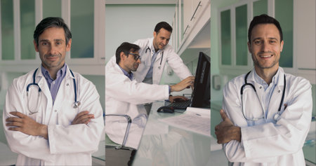 Hispanic and Portuguese men doctors in white uniforms posing confidently in clinic office, engaged in effective teamwork, discussion related to patient disease case, collage view. Medicine, healthcareの写真素材