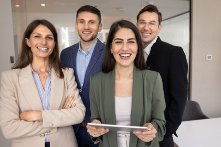 Business team of happy attractive young business professional men and women standing together, looking at camera with toothy smiles, posing in office. Successful company staff profile portraitの写真素材