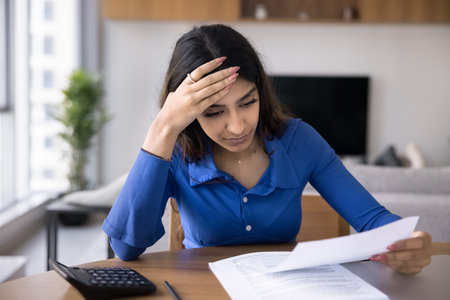 Serious young Indian woman reading legal document, agreement text at home work table with calculator, touching head, thinking on financial loss, savings, problems, solutionsの写真素材