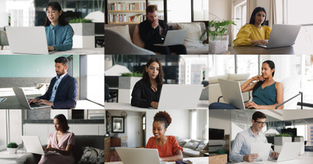 Diverse businesspeople, group of employees, freelancers working on-line using modern computers at home office, workplace, collage, multiple view. Wireless technology, connection, remote communicationの写真素材