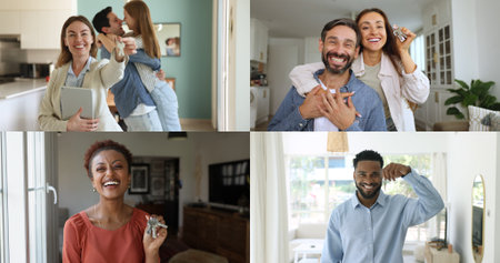 People celebrate first property buying, smile, look at camera showing bunch of keys, real-estate agency worker selling affordable house, collage. Diversity, independence, bank loan and life changesの写真素材