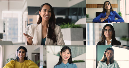 Beautiful young and mature multinational women take part in videocall in office, share opinion, strategy, solutions, look confident while make speech, looking at camera, collage view. Tech, connectionの写真素材