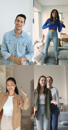 Vertical collage view of multiracial young people moving to favourite trendy music at home, recording dance to camera for social media platform, have fun, enjoy weekend leisure, active pastime indoorの写真素材