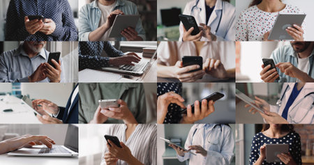 Changing multiple collage view different people using diverse devices at home and office, close up. Digital connectivity and multitasking in modern life, integration of technology into daily routinesの写真素材