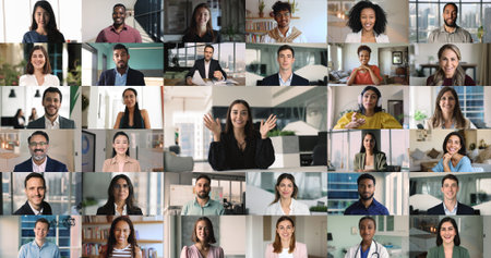 Zoom out collage of numerous head shots of diverse group of people. Portraits of various ages, genders, and ethnicity individuals smiling, looking at camera, posing in offices and home environmentsの写真素材