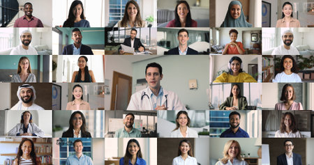 Different gender, nationality and professions people take part in video call, collage. International calling by business or professional occupation, modern technology usage for worldwide communicationの写真素材