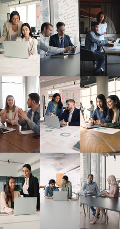 Different co-workers engaged in teamwork in office, working together in different professional settings, use laptops, discuss work-related online tasks, vertical collage view. Apprenticeship, synergyの写真素材