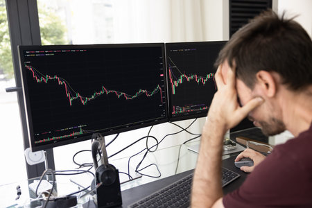 Freelance trader feeling bad and concerned about stock price decline, market crash, losing on stock...