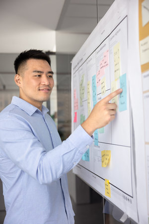 Smiling Asian man, office employee reviews ideas, learning priorities list, tasks to-do displayed on...