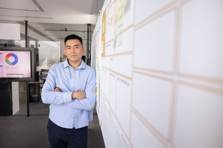 Corporate portrait of young confident Asian businessman, project manager or CEO stands next to white...