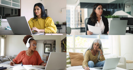 Multiethnic younger and elder female students studying at laptop at home and office, learning on...