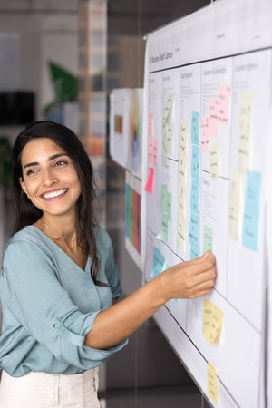 Smiling young Latina businesswoman Scrum master Agile coach placing task on planning board looking...