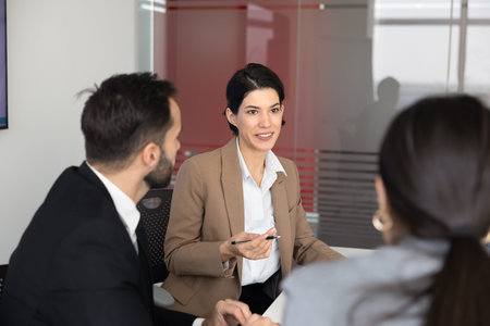 Businesswoman speaking, explain strategy, expressing point or solution at business discussion with...