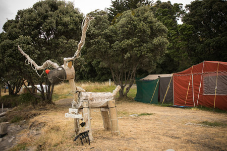 Driftwood reindeer at a summer freedom camping area at Pouawa - an East Coast beach near Gisborne, New Zealandの写真素材