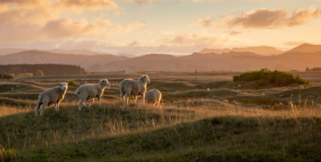 Flock of sheep grazing at sunset on rolling coastal land, early summer, near Gisborne, New Zealandの写真素材