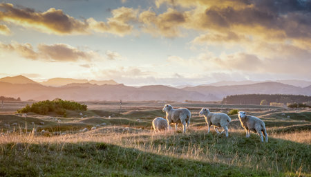 Flock of sheep grazing at sunset on rolling coastal land, early summer, near Gisborne, New Zealandの写真素材