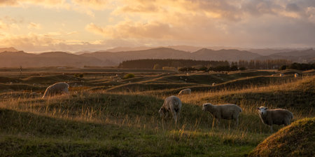 Flock of sheep grazing at sunset on rolling coastal land, early summer, near Gisborne, New Zealandの写真素材