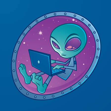 Alien with a laptop computer floating in outer space. Vector illustration nrawn in a humorous cartoon style.のイラスト素材