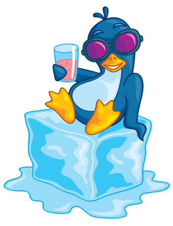 Cute vector penguin wearing sunglasses relaxing on a block of ice enjoying a beverage. Drawn in a humorous cartoon style.のイラスト素材