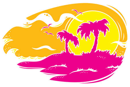 Vector drawing of a tropical sunset with palm trees. Only three colors used.のイラスト素材