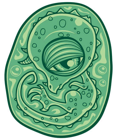 Cartoon illustration of a dinosaur embryo in an egg.のイラスト素材