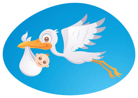 Vector cartoon illustration of a stork delivering a cute little newborn baby.のイラスト素材
