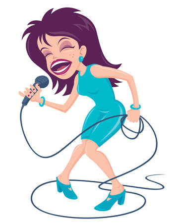  cartoon illustration of a female pop star singer with a big mouth belting out a tune at the top of her lungs.のイラスト素材