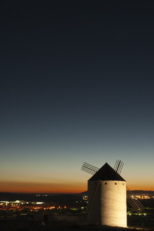 Windmills, Wind energy, Nocturnal Campo de Criptana, Ciudad Real, Spainの写真素材