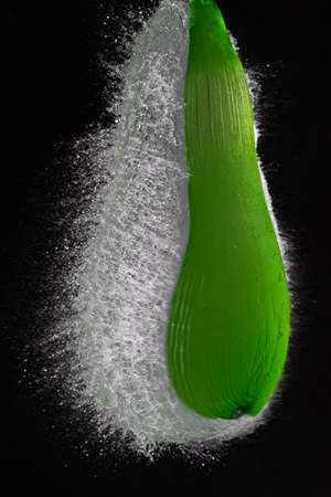 High speed flash photography of a green water balloon at the moment it explodesの写真素材