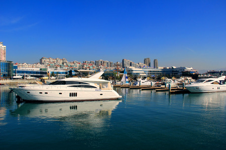 Yachts moored at the coastのeditorial素材