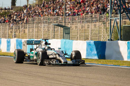 JEREZ DE LA FRONTERA, SPAIN - FEBRUARY 01: Nico Rosberg, pilot of the team Mercedes in test Formula 1 in Circuito de Jerez on feb 01, 2015 in Jerez de la frontera.のeditorial素材