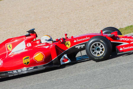 JEREZ DE LA FRONTERA, SPAIN - FEBRUARY 01: Sebastian Vettel, pilot of the team Ferrari in test Formula 1 in Circuito de Jerez on feb 01, 2015 in Jerez de la frontera.のeditorial素材