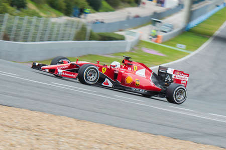 JEREZ DE LA FRONTERA, SPAIN - FEBRUARY 02: Sebastian Vettel, pilot of the team Ferrari in test Formula 1 in Circuito de Jerez on feb 01, 2015 in Jerez de la frontera.のeditorial素材