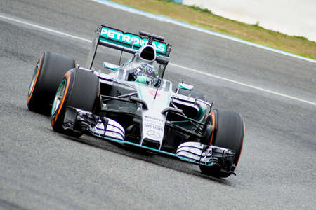 JEREZ DE LA FRONTERA, SPAIN - FEBRUARY 03: Nico Rosberg, pilot of the team Mercedes in test Formula 1 in Circuito de Jerez on feb 03, 2015 in Jerez de la frontera.のeditorial素材